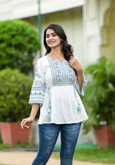 White Ethnic Motif Printed Viscose Tunic With Sequins & Thread Work-P1111WHITE